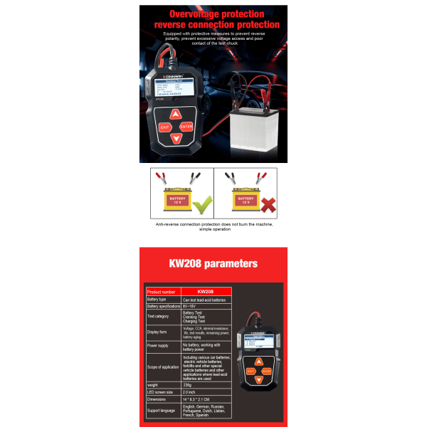 Bilbatteritestare, 100-2000 CCA batteribelastningstestare Bilbatteri- och generatortestare för fordon/båt/motorcykel/gräsklippare