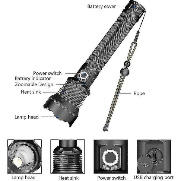 Led ficklampa, 90000 lumen Xhp70 Ultra kraftfull justerbar zoombar vattentät ficklampa, USB uppladdningsbar ficklampa, innehåller 2*18650 hög