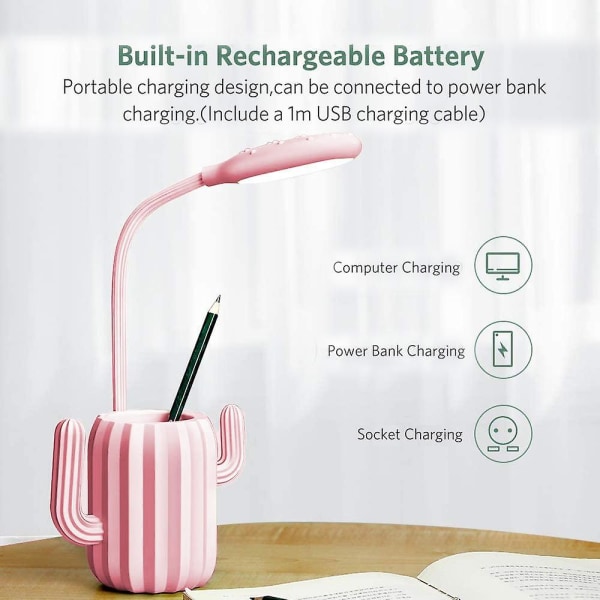 Skrivbordslampa, Kids Led USB Uppladdningsbar 3-nivådimande sängbordslampa med pennhållare (rosa)