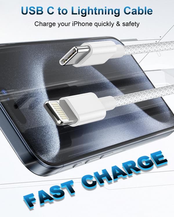 2 metrin USB-C–Lightning-datakaapeli, pikalataus, kestävä nailonpunottu kaapeli, yhteensopiva laitteiden kanssa.