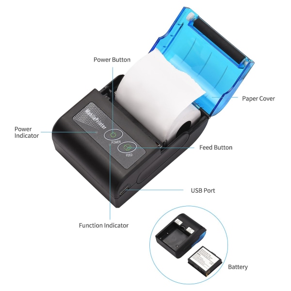 Bärbar mini thermal skrivare 2 tum trådlös USB biljettskrivare Lägg till 58 mm papper kompatibelt med Ios Android Windows