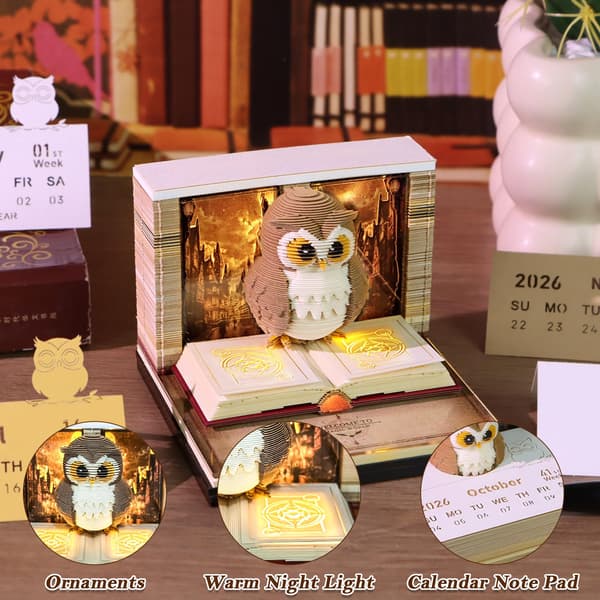2026 3D Bordkalender, 3D Papirskulptur Notesbog, Velegnet til Hjem og Kontor (Ugle Design)