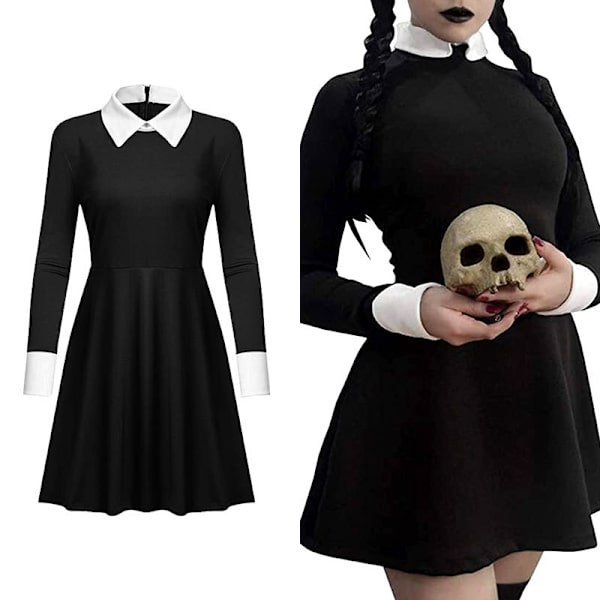 Addams Family Cosplay Kostume Halloween Wednesday Addams Sort Kjole (M)