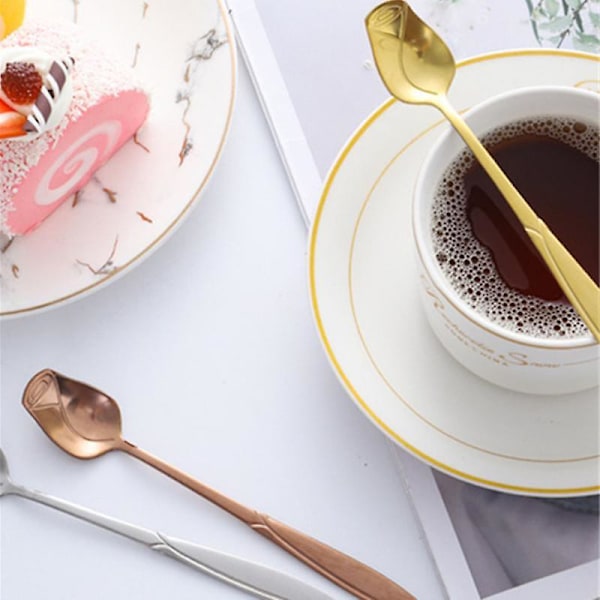 Högkvalitativ Ros-Sked Långt Handtag Gyllene Sked Söt Tesked Kaffeomrörare Dessert Honung Sallad Dryckeskedar Bordsporslin
