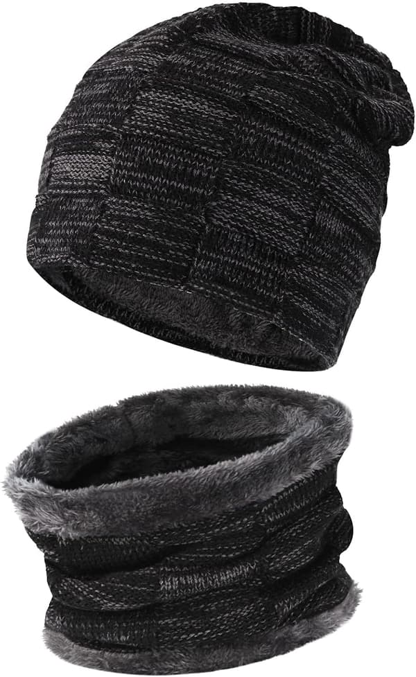 Vintermössa och Halsduk Set för Män, Varm Stickad Mössa Halsvärmare med Fleecefoder Vinterhatt Present till Män och Kvinnor 3