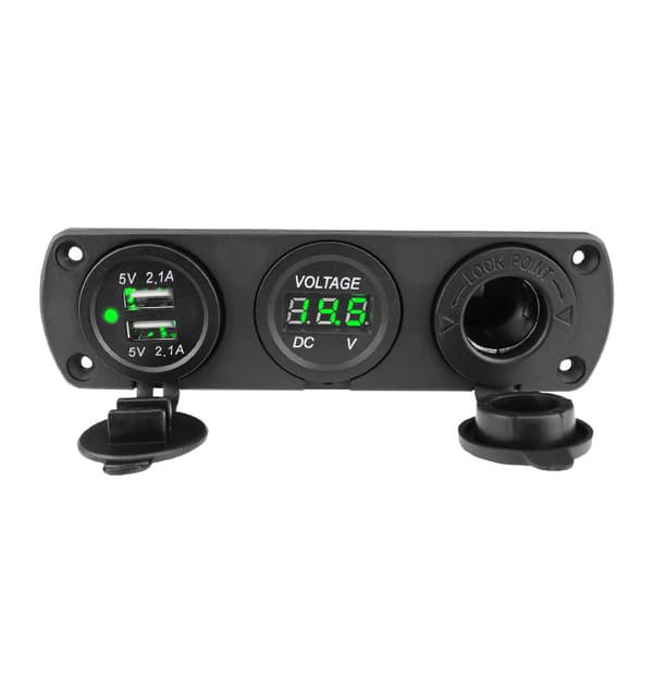 3-i-1 Billaderpanel 12V, doble USB-porter, LED-voltmeter, sigarettenneradapter strømuttak