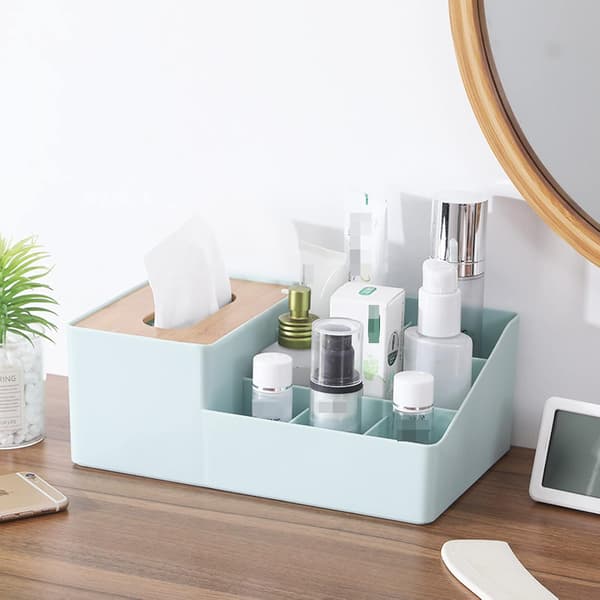 Sminkförvaring, Kosmetikförvaringslåda med Bambu Tissue Box Badrumsförvaring för Sovrum Kontor 27,3*17,4*10,3 CM (Blå) B