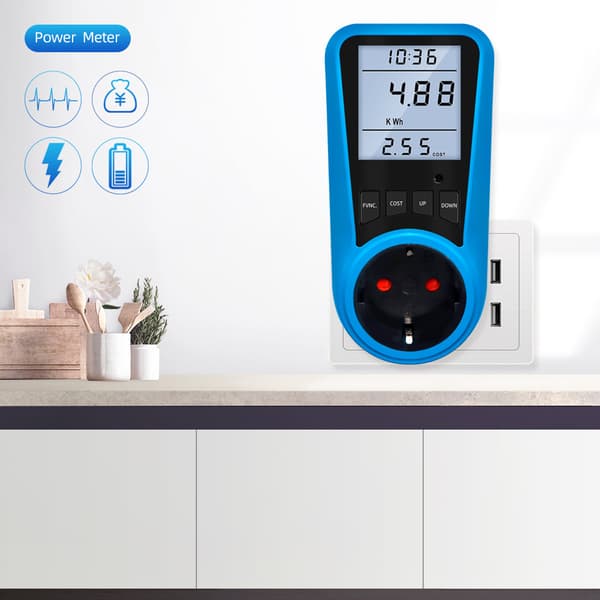 Digital Strømmåler EU Plugg AC Voltmeter Energitester Regulatorisk Plugg 6.2X7.6X12.9 CM Blå