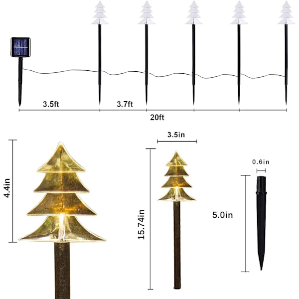 Jule-Solcelle-Stilys, Sæt af 5 Vandtætte Landskabsjulelys, LED-lys til Have, Græsplæne, Terrasse, Gangsti Dekoration (5 stk - Varmt Hvid - Træ) tree