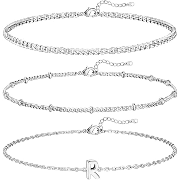 3 st. Vitguld Initialarmband för Kvinnor Smalt 14K Guld Armband Stack Letter Link Charm A-Z Monogram Armband Anti-Missfärgning Smycken