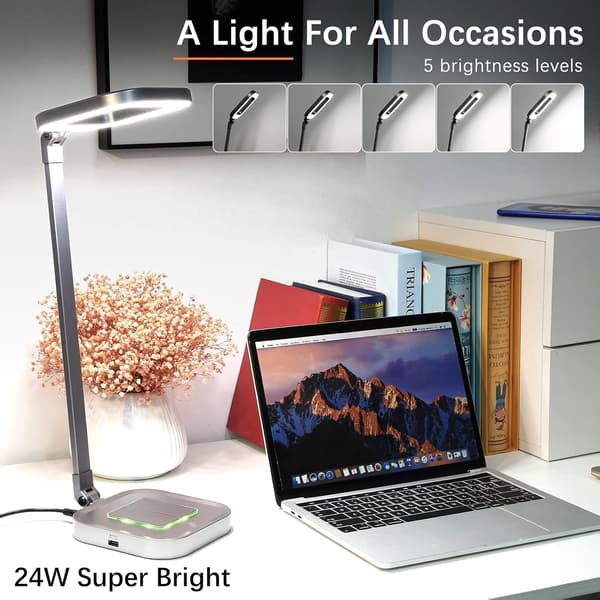 Multifunksjonell LED-skrivebordslampe med 10W rask trådløs lader med RGB-stemningslys