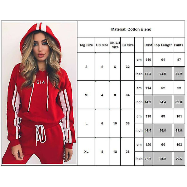 Dame Colorblock Tracksuit Sæt med Hættetrøje Joggingbukser Sportsdragt Red XL