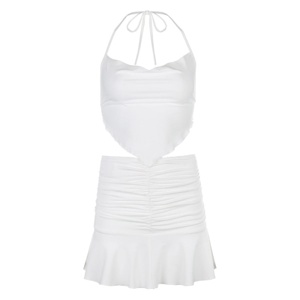 Ruched rufsig plisserad kjol för kvinnor Stretch med hög midja Sexig minikjol Fodrad Sling Back Top (2st, Vit, L)