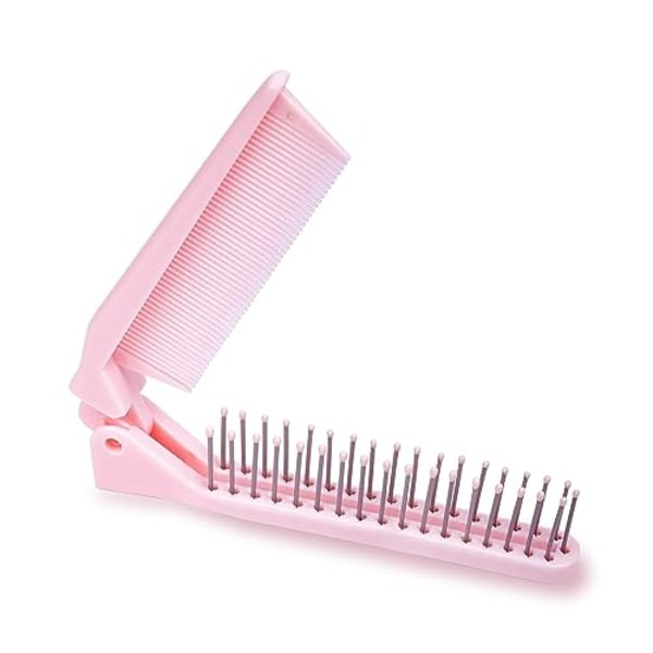 Portable Travel Mini Hair Brush - Compact Foldable Double-Headed Detangling Comb for Purse, Bags - Pocket-Size for Women and Girls (Pink)