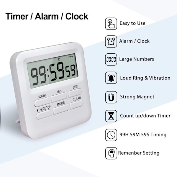 Digital timer med klockalarmfunktion, magnetisk digital kökstimer, tidshantering, för köksstudier White