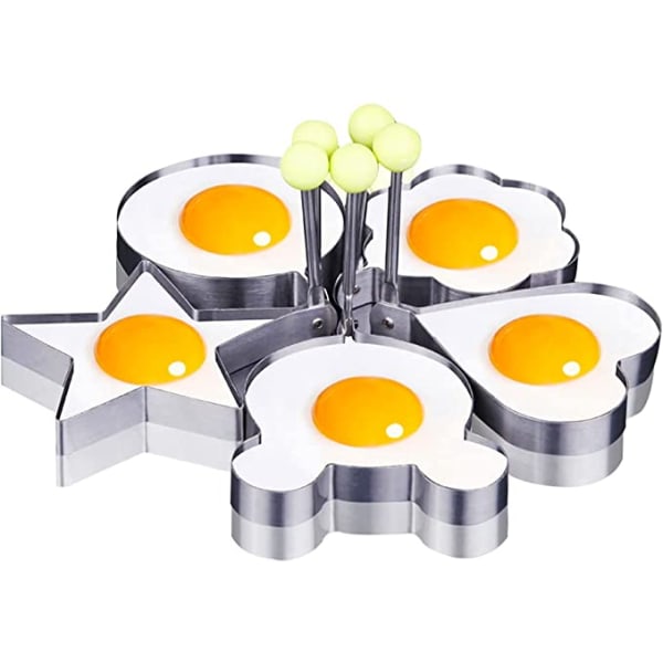 5 figurer non-stick stegt æg form Æggeringe med håndtag Pandekageform i rustfrit stål Stegeæg form til æggemuffins Omeletter Pandekage