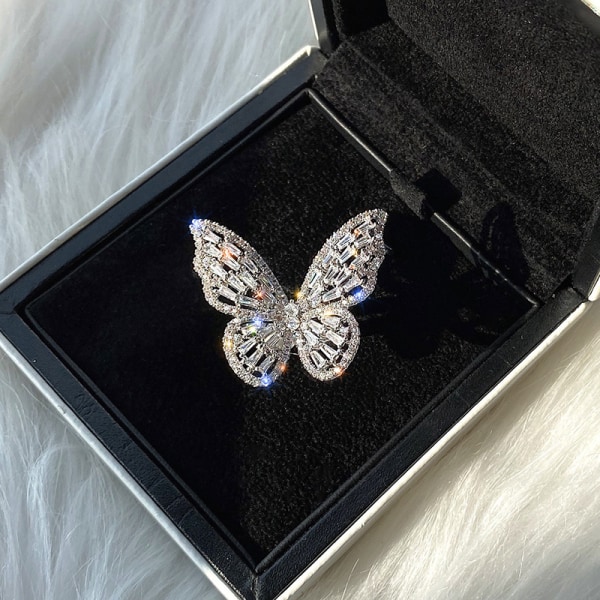 1-pack strass fjäril öppen ring ihålig Simulering ädelsten ring prydnad dam dekoration Justerbar storlek