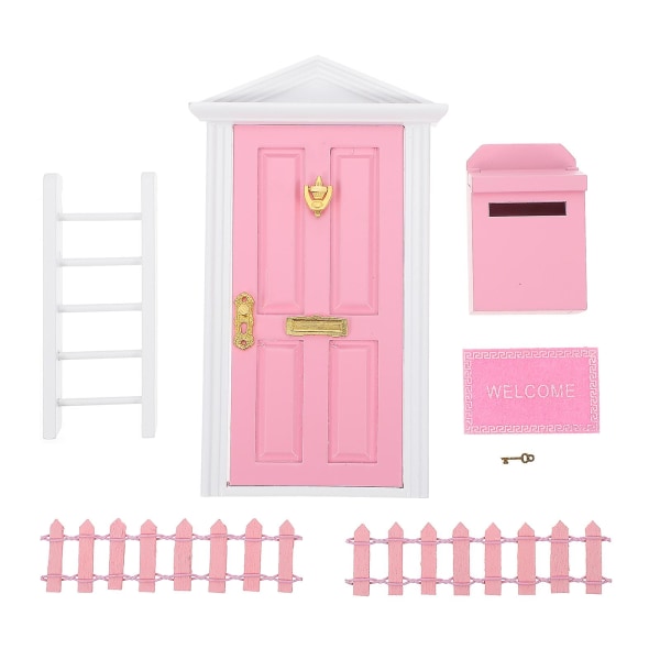 Födelsedagstårta Leksak Miniatyr Tiny Fairy House Tillbehör Miniatyr trädörr Mini staket prydnad Mini docka möbel Pink 10.5x18cm