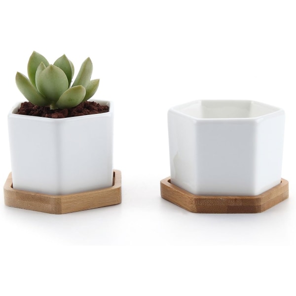 Set med 2 enkel vit kreativ keramik liten hexagon suckulentkruka med bambu träbricka, geometrisk kaktus växtställsbehållare för skrivbordsflik