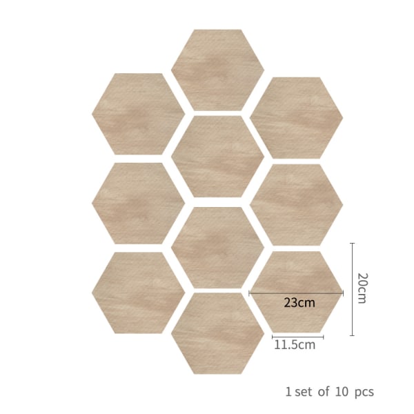 10-pack hexagonala väggdekaler i valnötsträ. Rustik amerikansk träkorn dekorativ självhäftande pappersmöbel golvskyddsfilm