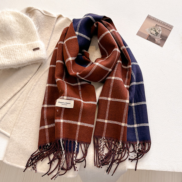 Vintervarm luksusmerke klassisk engelsk stil kvinneskjerf mote rutete dobbeltsidig skjerf frynser sjal pashmina dame 3