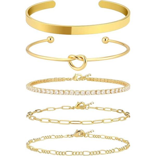 Guld Armbånd til Kvinder Stack 14K Ægte Guldbelagt Bangle Manschet Armbåndssæt Guld Perle Tennis Paperclip Cuban Link Kæde Armbånd til Kvinder