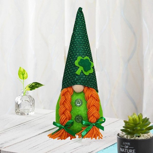 Irland St. Patricks Dag Instickskaka Dekoration Dvärg Spetsig Hatt Ansiktslös Docka Ornament Large 】 Clover (Women's Orange Hair)