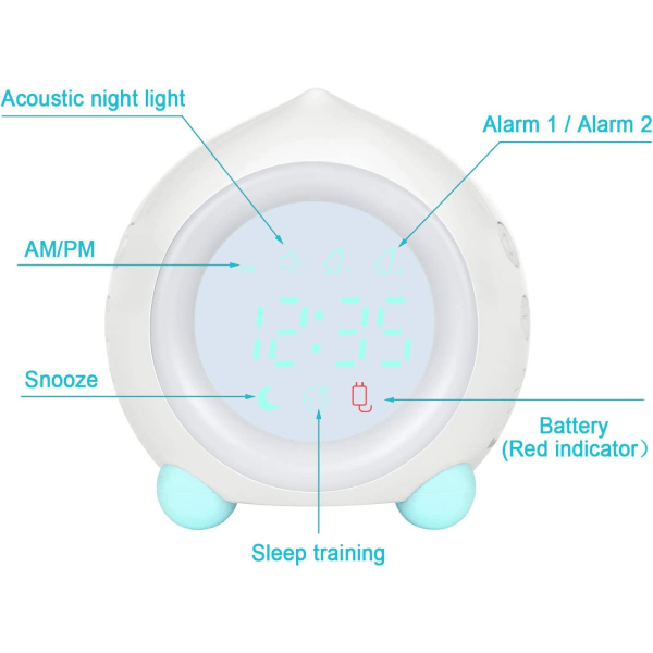 Børnealarmur Digital LED Lys Op Natlampe Alarmur til Piger Drenge Dag Nat Barn Justerbar Lyd Snooze USB Opladning Alarmur (Hvid)