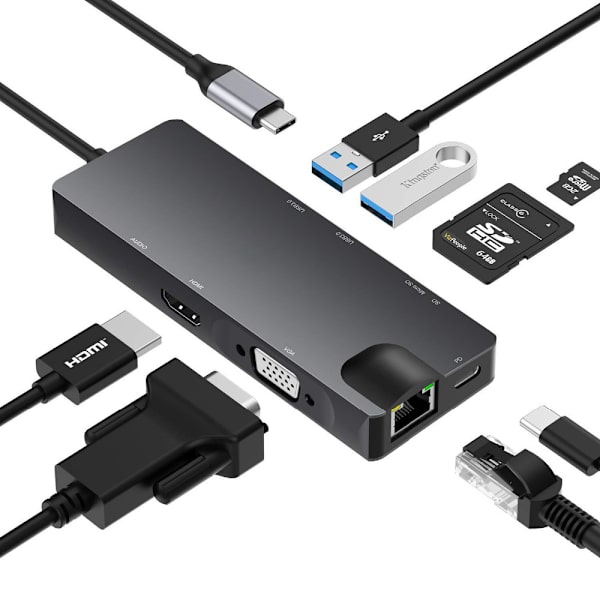 Åtta-i-ett expansionsdock Typec-hub till VGA HDMI 4k Gigabit nätverksport för bärbar dator