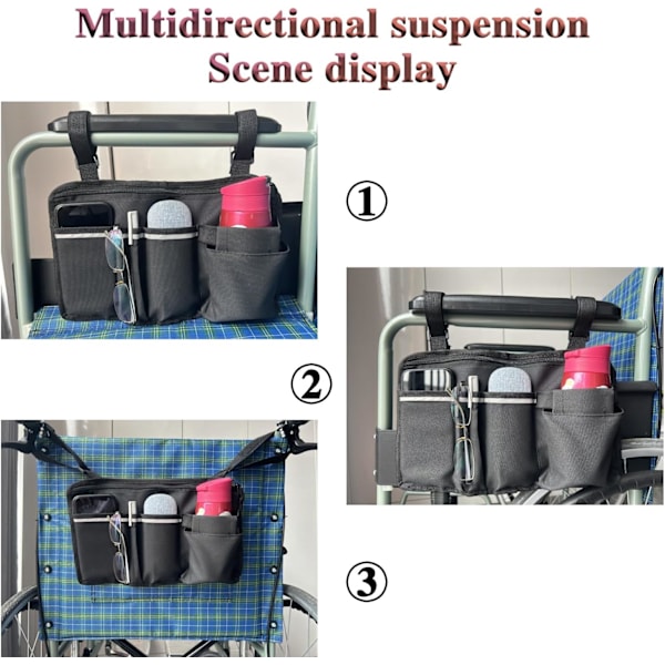 Rullestolssidetaske med kopholder, Rullestolsopbevaringstaske, Rullestolspose, Armlænstilbehør til rullestol, Rollator, Scooter