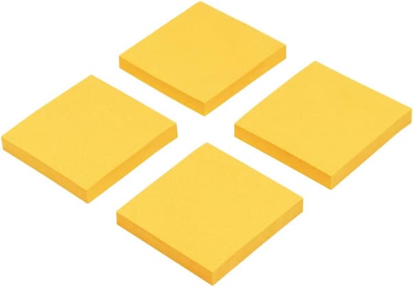 4-pakninger med Super Adhesive Post-It Notes, 7,6 x 7,6 cm, 100 ark hver, (Fluorescerende gul)