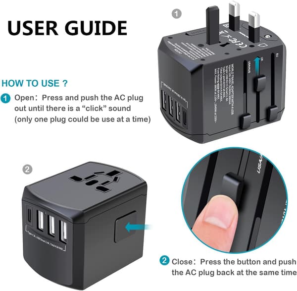 Universal reiseadapter, internasjonal pluggomformer med 4 USB-porter og USB-C, alt-i-ett