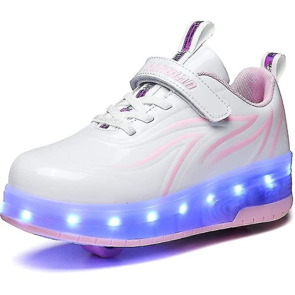 Spider rulleskøjter lyser op sko med usb opladelig led sports sneaker til drenge piger børn fødselsdag Bedste gave White Pink 32