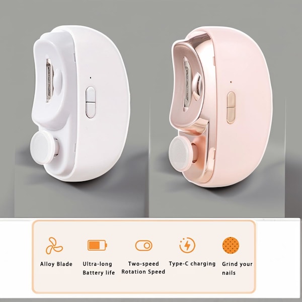 Elektrisk Automatisk Nagelklippare med Ljus, 2 i 1 Fingernagelklippare och Polerare USB Laddningsbar, Säker Fingernageltrimmer Val Rosa