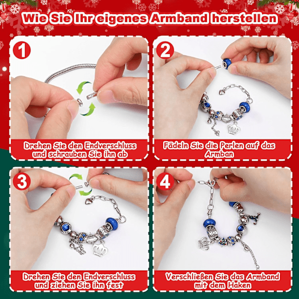 Smykke Adventskalender 2024 Piger, DIY Julekalender Smykker, 24 Fyldning Håndværk Charm Armbånd Kit, Julegave til Børn Kvinder Teenagere