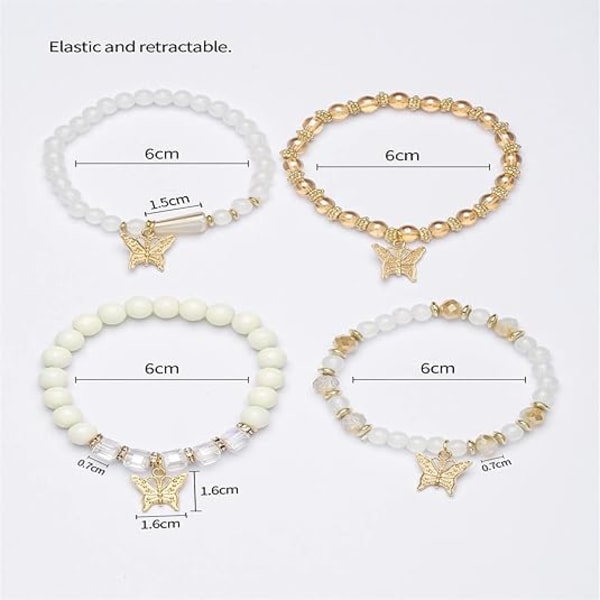 4 stk. Bohemian Butterfly Krystal Steng Armbånd til Kvinder Guld Perle Stabelbar Stræk Armbånd Farverig Charm