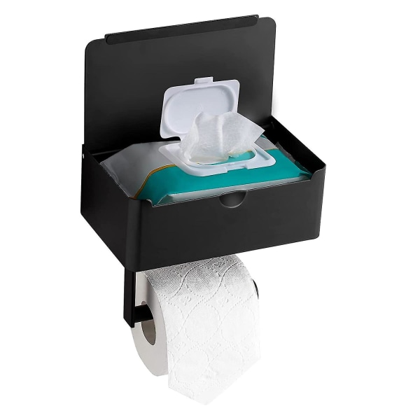 Toalettpappershållare med spolbara våtservetter Dispenser Förvaring och telefonhylla, väggmonterad toalettrulle Black