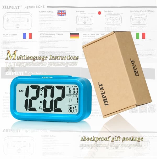 1 st Digital Väckarklocka, Tyst Ljusklocka med Datum, Temperatur, Tid, Snooze Sensor (blå) -11240