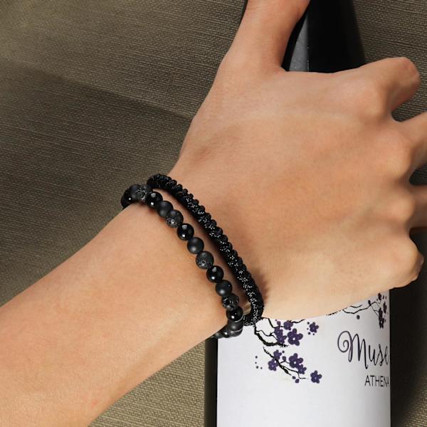 Svarta Pärl armband för Män Pojkar - 6mm Obsidian Onyx Lava Pärlor Armband Set för Par - Julgåvor Födelsedagspresenter