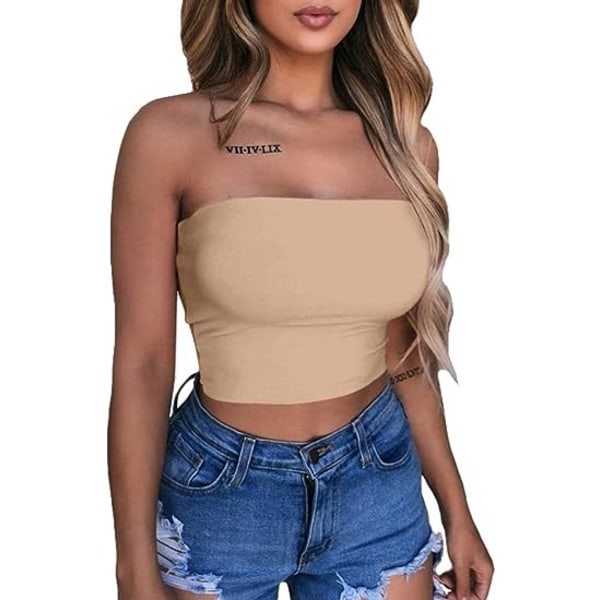 Naisten seksikäs crop top hihaton venyvä yksivärinen olkaimeton tube top (Beige, L)