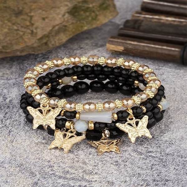 4-pack Bohemiska Fjärilskristallstensarmband för Kvinnor - Guld Pärlor Stapelbara Elastiska Armband Färgglada Charm