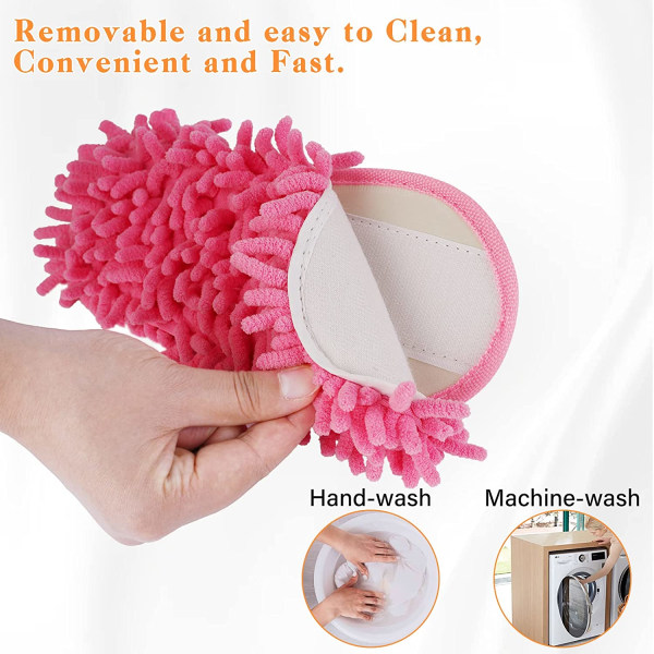 1 par vaskbare moppe tøfler sko mikrofiber chenille genanvendelig støv snavs Hårrens til kontorhus poleringsrengøring (pink)