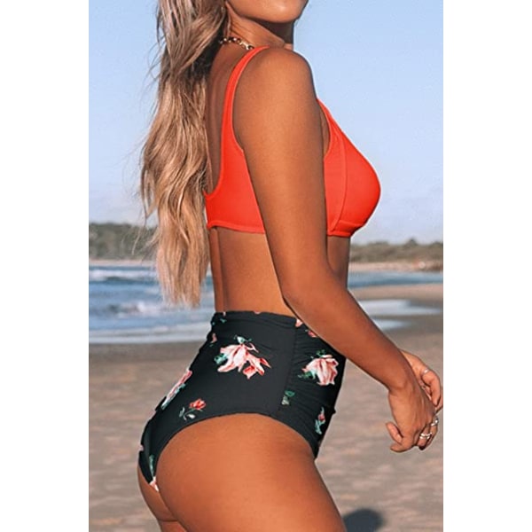 Dam Bikini Sweetheart högmidjat print 2-delad baddräkt Orange+svart (M)