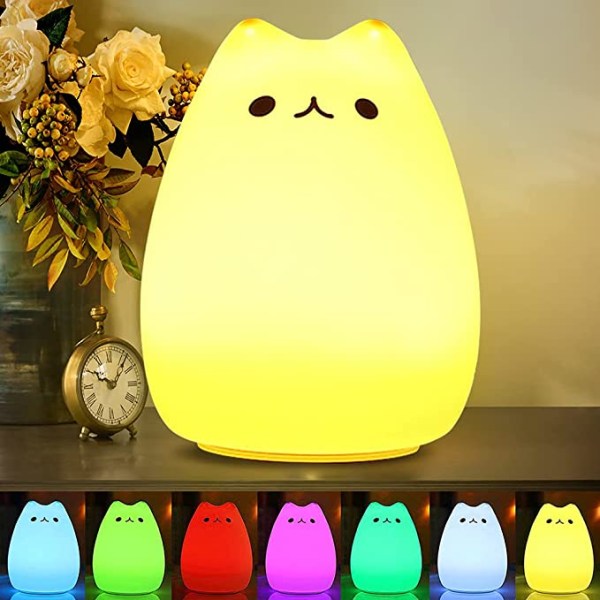 Bärbar LED Nattlampa Barn Flerfärgad Silikon kattlampa, varmvit och 7 andningsfärger, Krankontroll Känslig USB uppladdningsbar belysning