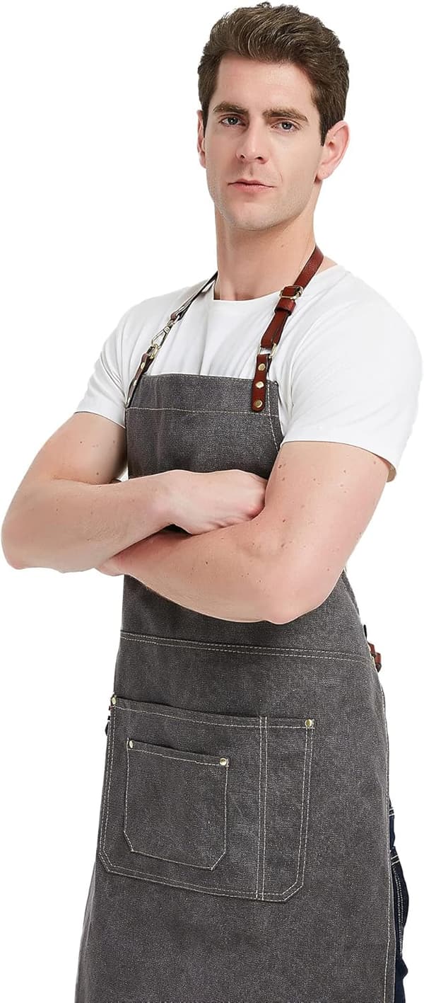Neutral grått denimförkläde med läderrem, matlagningsgrillkock, med fickor, storlek L