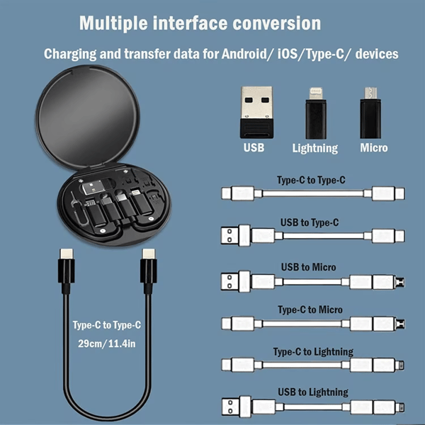 Multikabel oppbevaringsveske med USB-C Micro USB og Lightning-adaptere Dataoverføringssett Svart