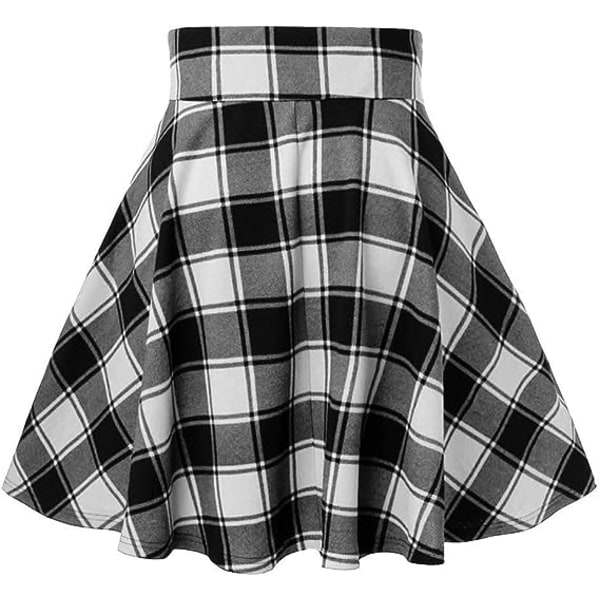 Kvinders stretch-højtalje plaid plisseret nederdel Panelet bindebånd A-line kort mini-nederdel (sort og hvid, L)