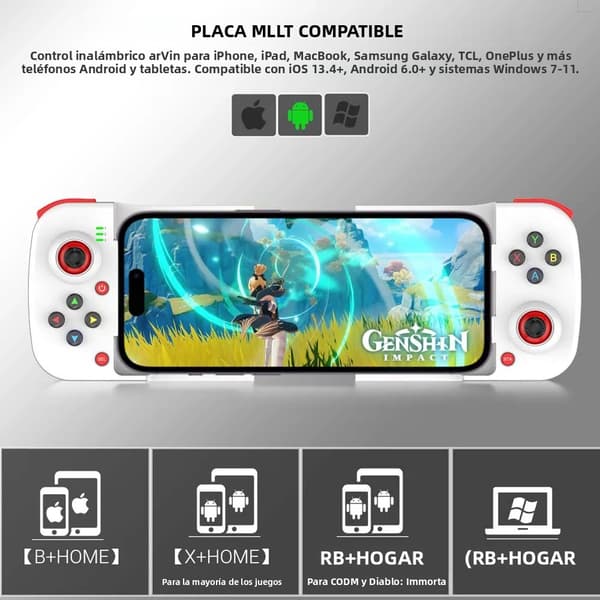 Hvid 3D Mobil Spilcontroller, Bluetooth 5.0 Joystick, Kompatibel med iOS og Android, Udtrækkelig Gamepad