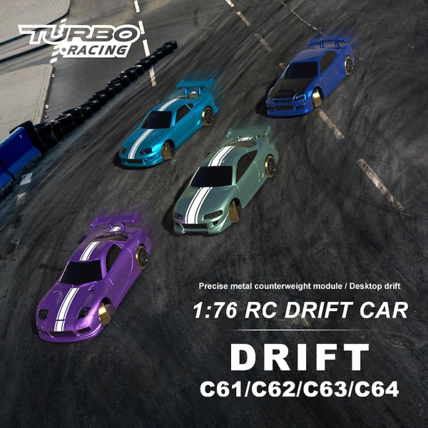 Turbo Racing 1:76 Flat Running Drift Car C61 C62 C63 C64 C74 Fuldskala Mini-fjernbetjening Bil Rc High Simulation Desktop Rtr c64 Green
