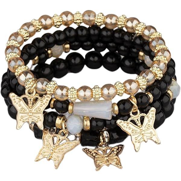 4 stk. Bohemian Butterfly Krystal Steng Armbånd til Kvinder Guld Perle Stabelbar Stræk Armbånd Farverig Charm